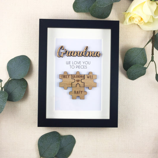 Personalised Grandma / Nana 'We Love You To Pieces' Wooden Mothers Day Christmas Birthday Puzzle Pieces Family Box Frame Add family names