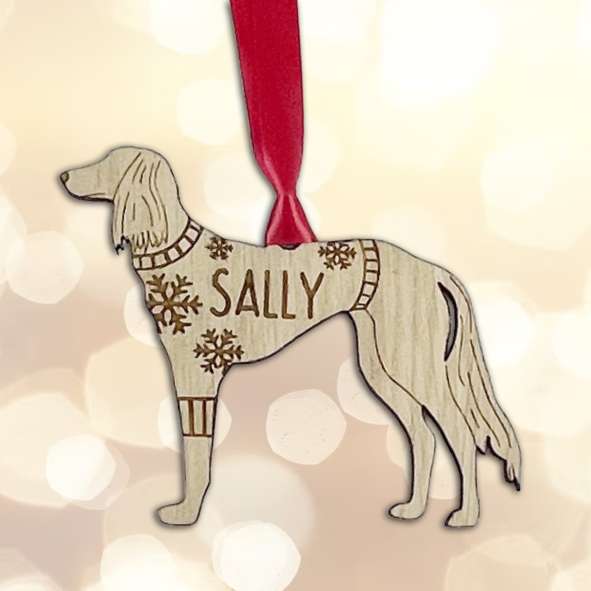 Personalised Saluki Bauble Jumper Dog Bauble - Oak Veneer Wood - Add any name