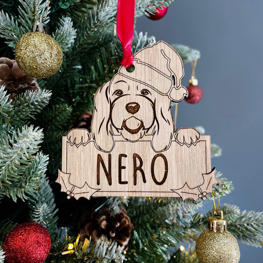 Personalised Cockapoo Dog Bauble - Peeking Dog - Oak Veneer Wood - Add your own name!