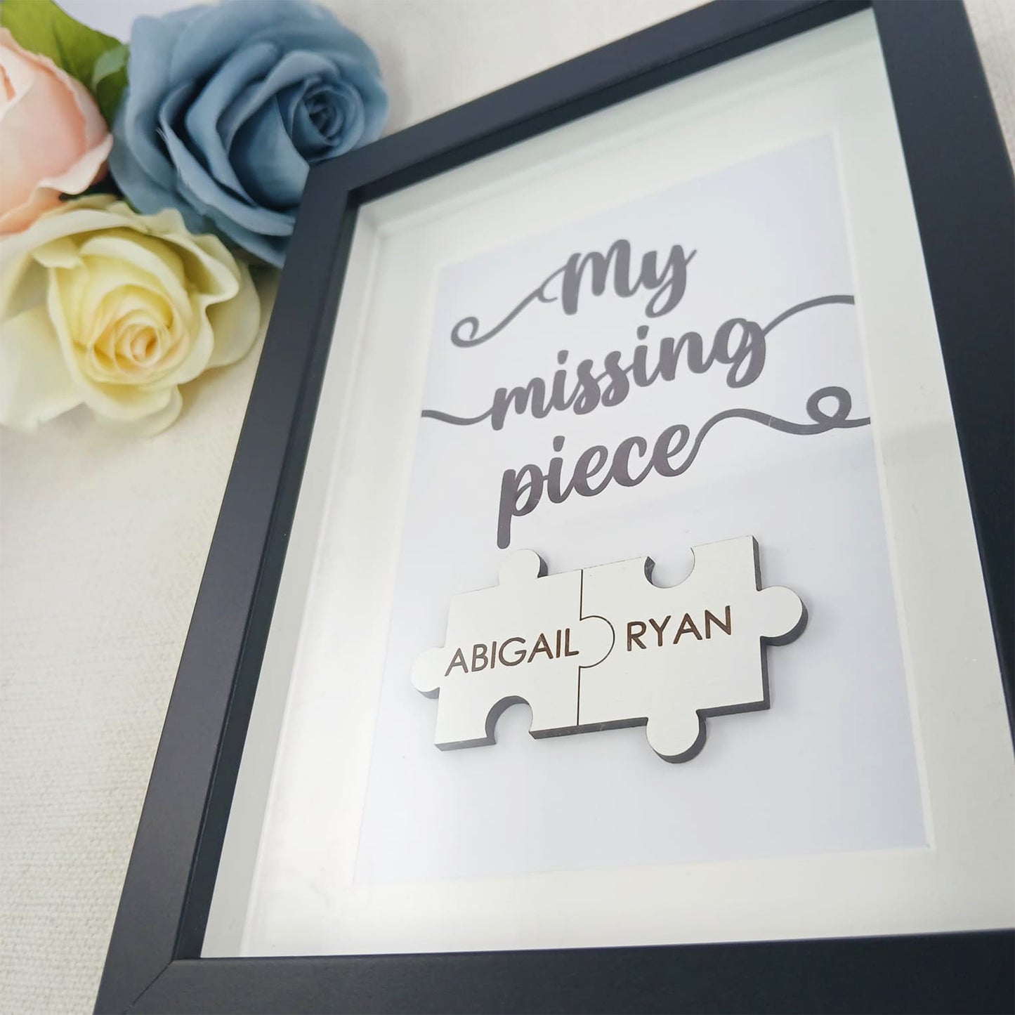 Personalised Wooden 'My Missing Piece' Valentine's Day Puzzle Pieces Couple Box Frame - Add your names - Anniversary or Birthday Gift