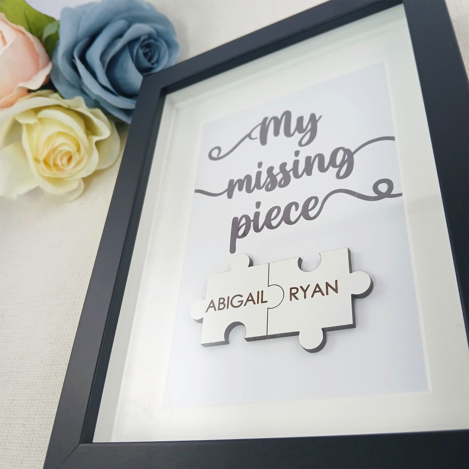 Personalised Wooden 'My Missing Piece' Valentine's Day Puzzle Pieces Couple Box Frame - Add your names - Anniversary or Birthday Gift