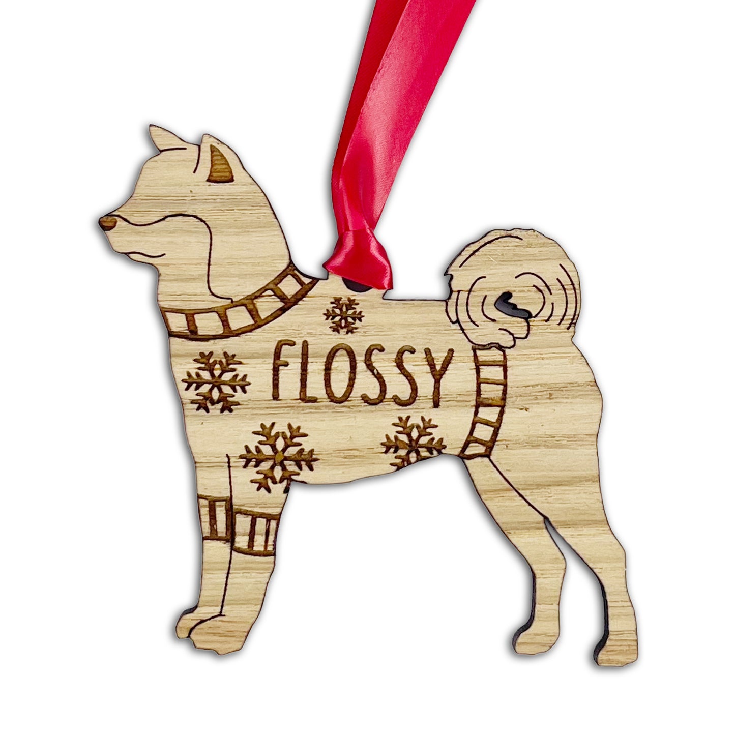 Personalised Akita Bauble Jumper Dog Bauble - Oak Veneer Wood - Add any name