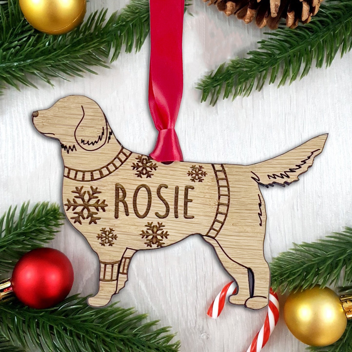 Personalised Golden Retriever Bauble Jumper Dog Bauble - Oak Veneer Wood - Add any name