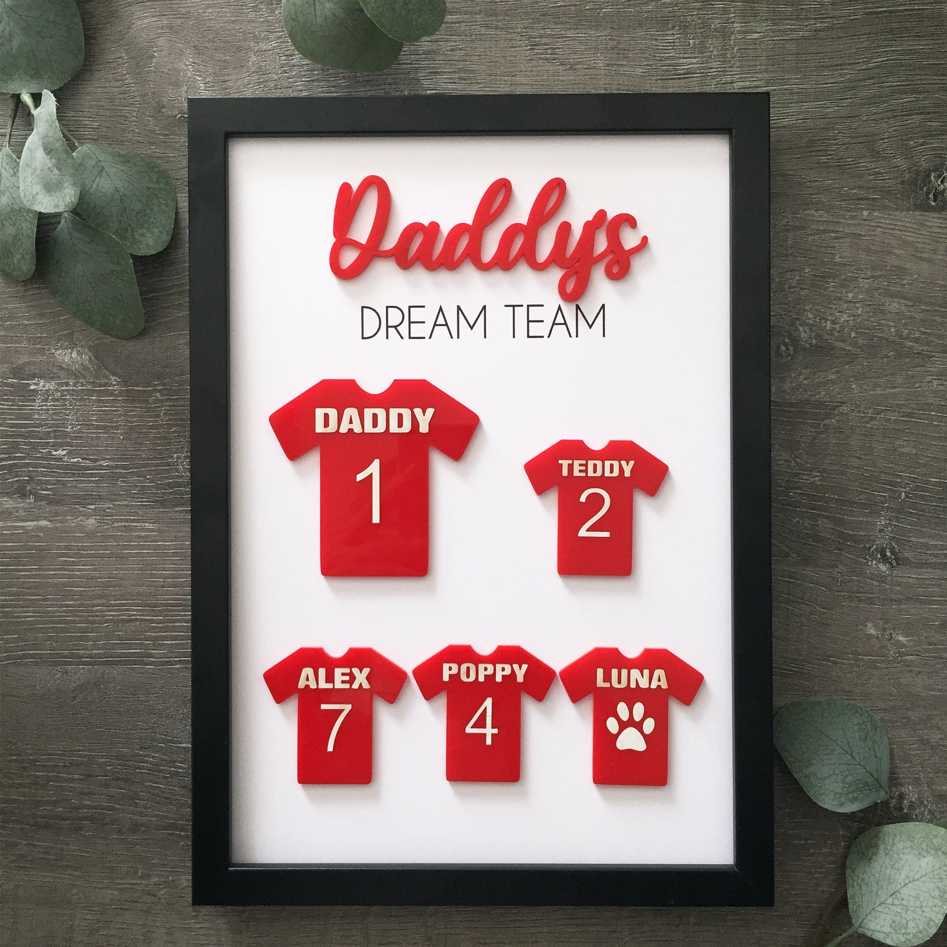 Personalised Dad's Dream Team Football Red Team Family Box Frame Fathers Day Birthday Daddy  - Add your family names