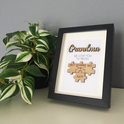 Personalised Grandma / Nana 'We Love You To Pieces' Wooden Mothers Day Christmas Birthday Puzzle Pieces Family Box Frame Add family names