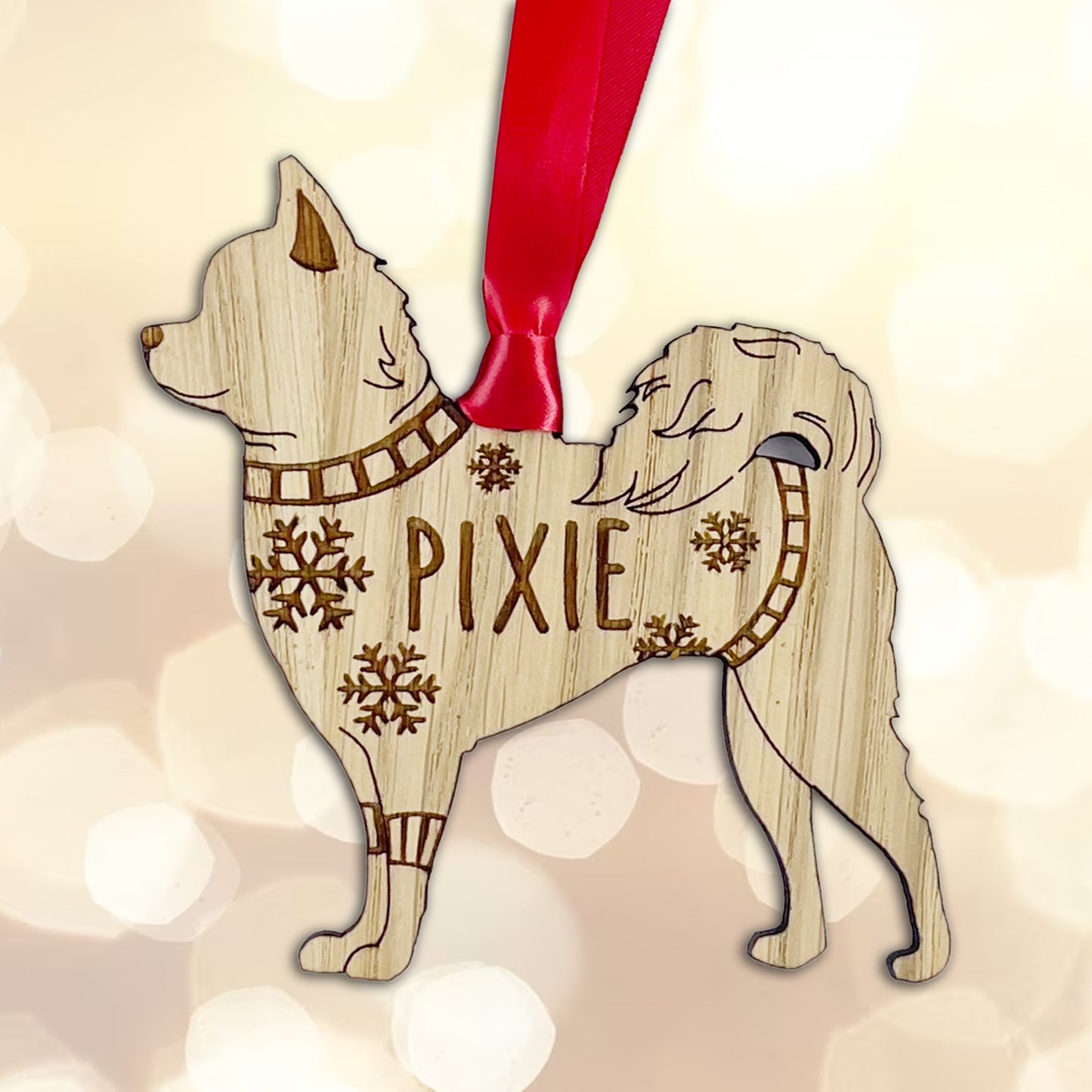 Personalised Chihuahua Bauble Jumper Dog Bauble - Oak Veneer Wood - Add any name