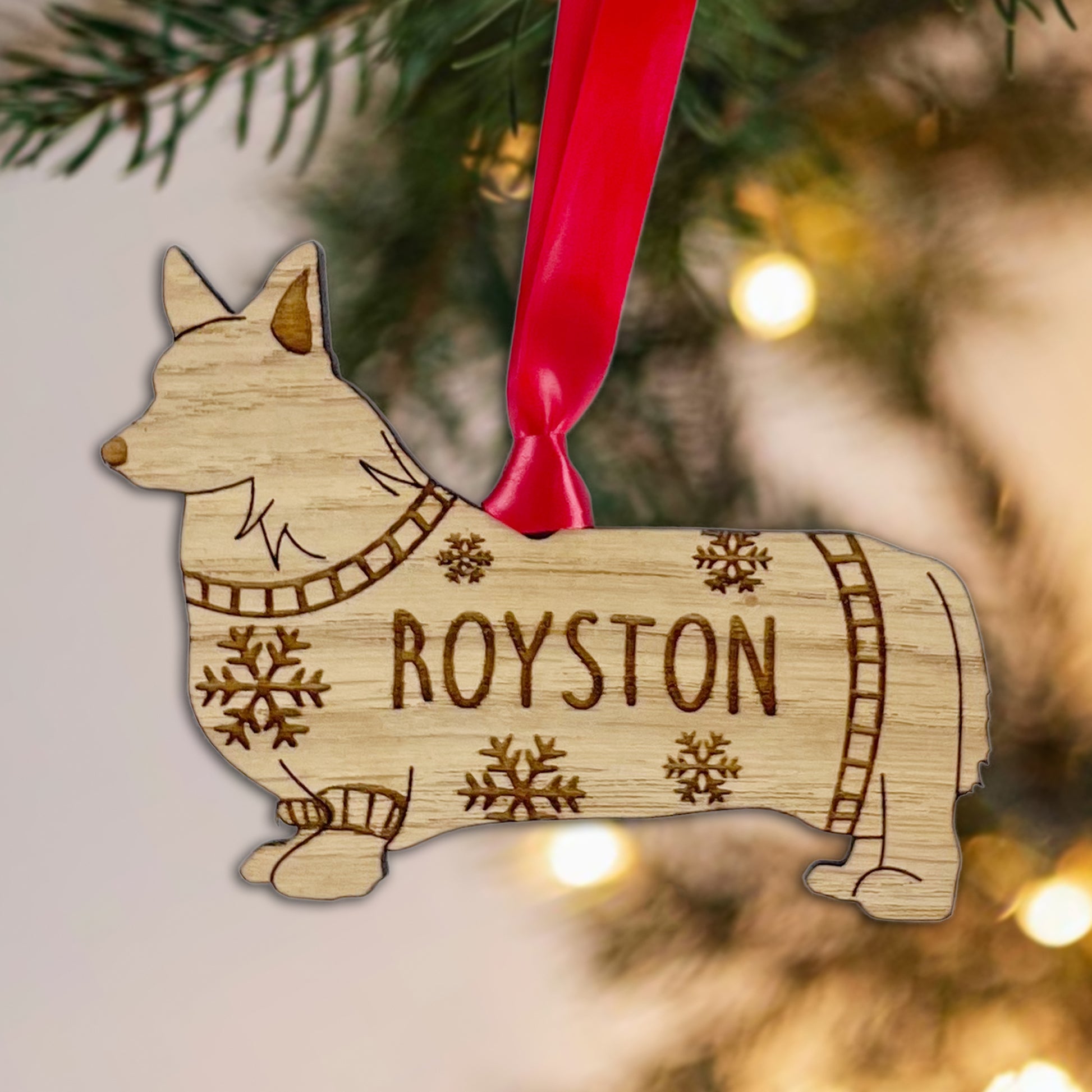 Personalised Corgi Bauble Jumper Dog Bauble - Oak Veneer Wood - Add any name