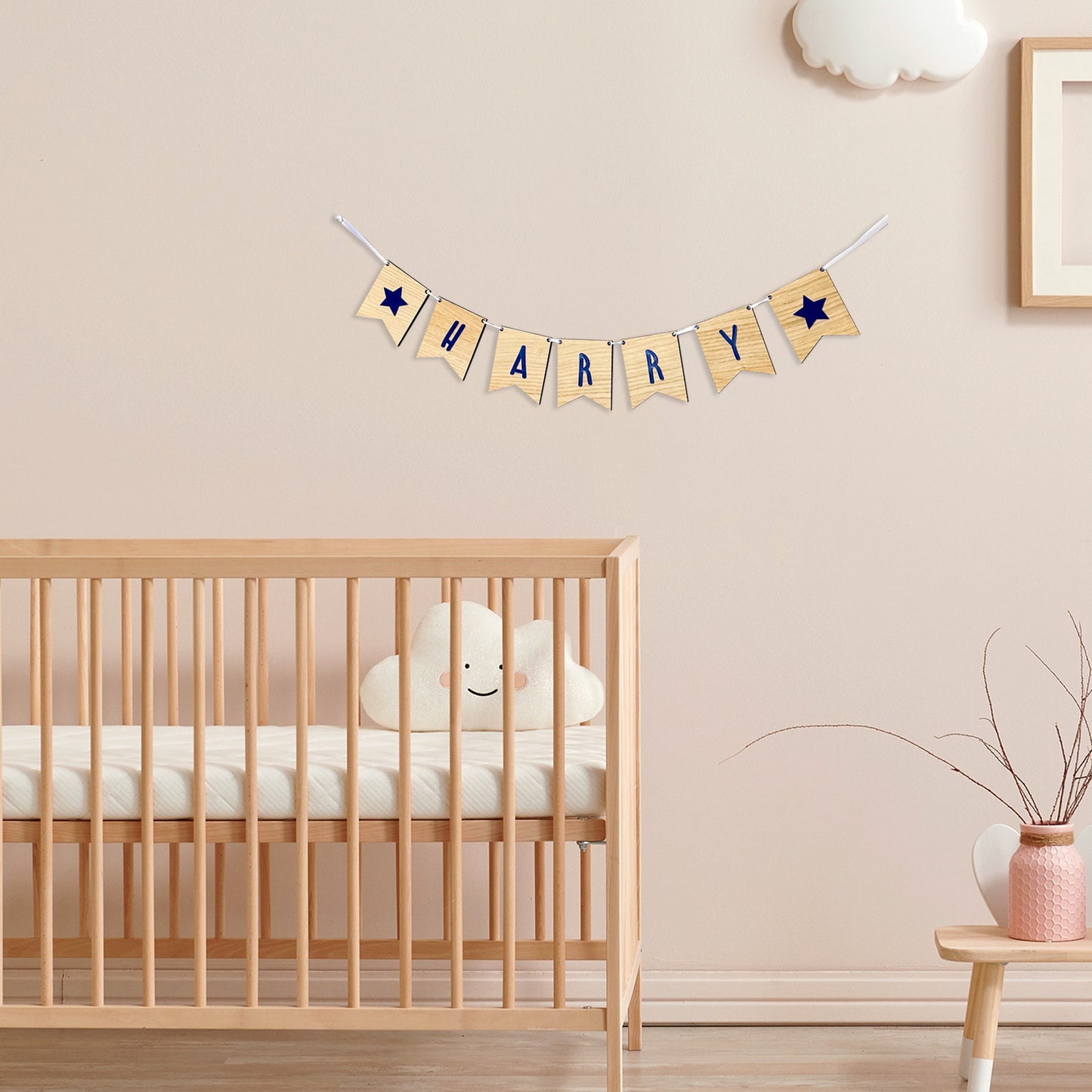 Personalised Oak Wood Name Bunting with Stars - Nursery or Child's Room Decor - Add any Name!