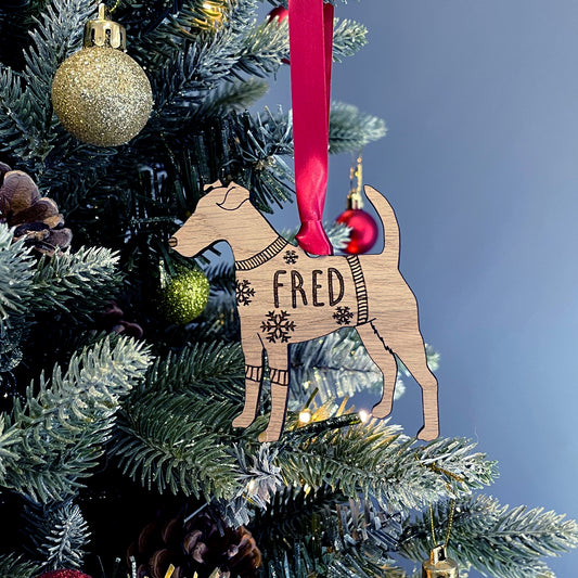 Personalised Fox Terrier Bauble Jumper Dog Bauble - Oak Veneer Wood - Add any name