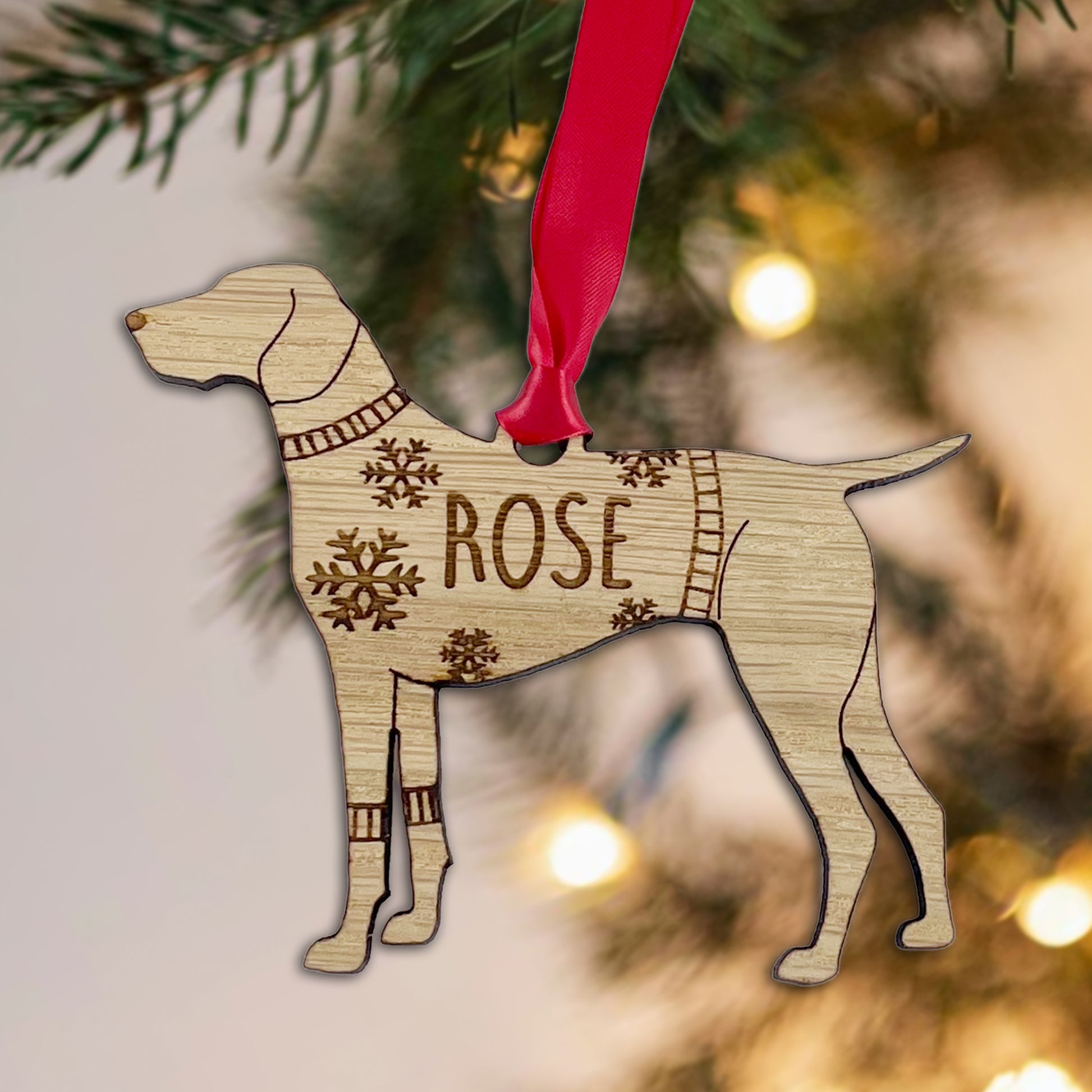 Personalised Pointer Bauble Jumper Dog Bauble - Oak Veneer Wood - Add any name