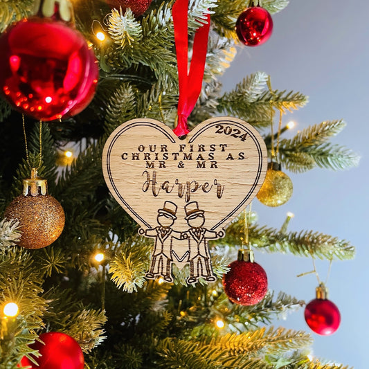 Personalised Wooden Stick Couple "Mr & Mr" Wedding Bauble