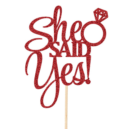 She Said Yes Cake Topper Glitter Card Bride Wedding Engagement Party Cake Decorations | Rose Gold Pink Red Blue Black Silver & More