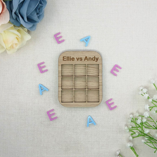 Personalised Initials Tic Tac Toe Style Mini Board Game - Valentine's Day Blue and Pink - Oak Wood and Acrylic - Anniversary - Birthday