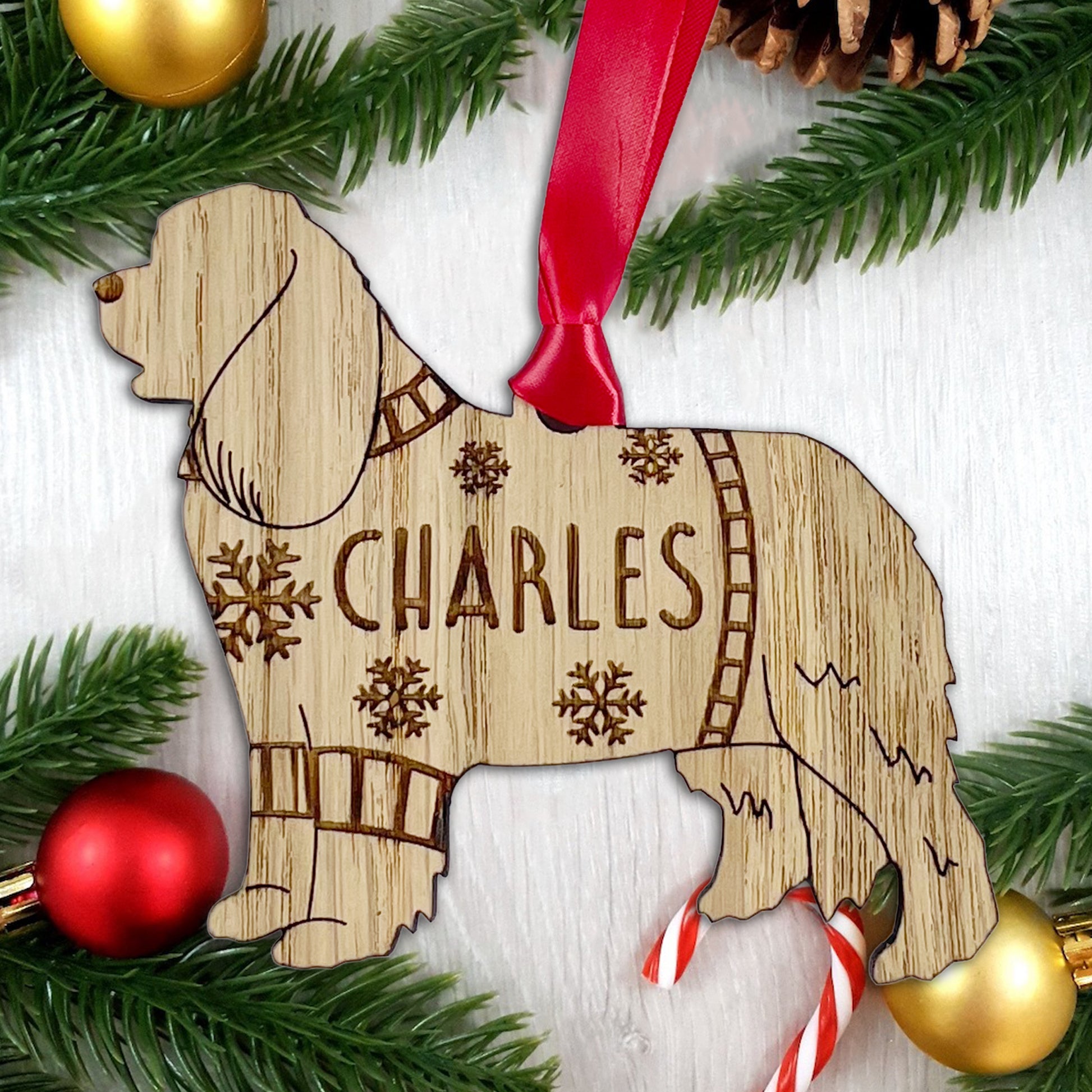 Personalised Cavalier Bauble Jumper Dog Bauble - Oak Veneer Wood - Add any name