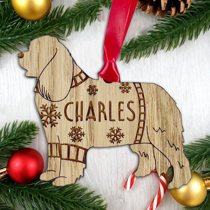 Personalised Cavalier Bauble Jumper Dog Bauble - Oak Veneer Wood - Add any name