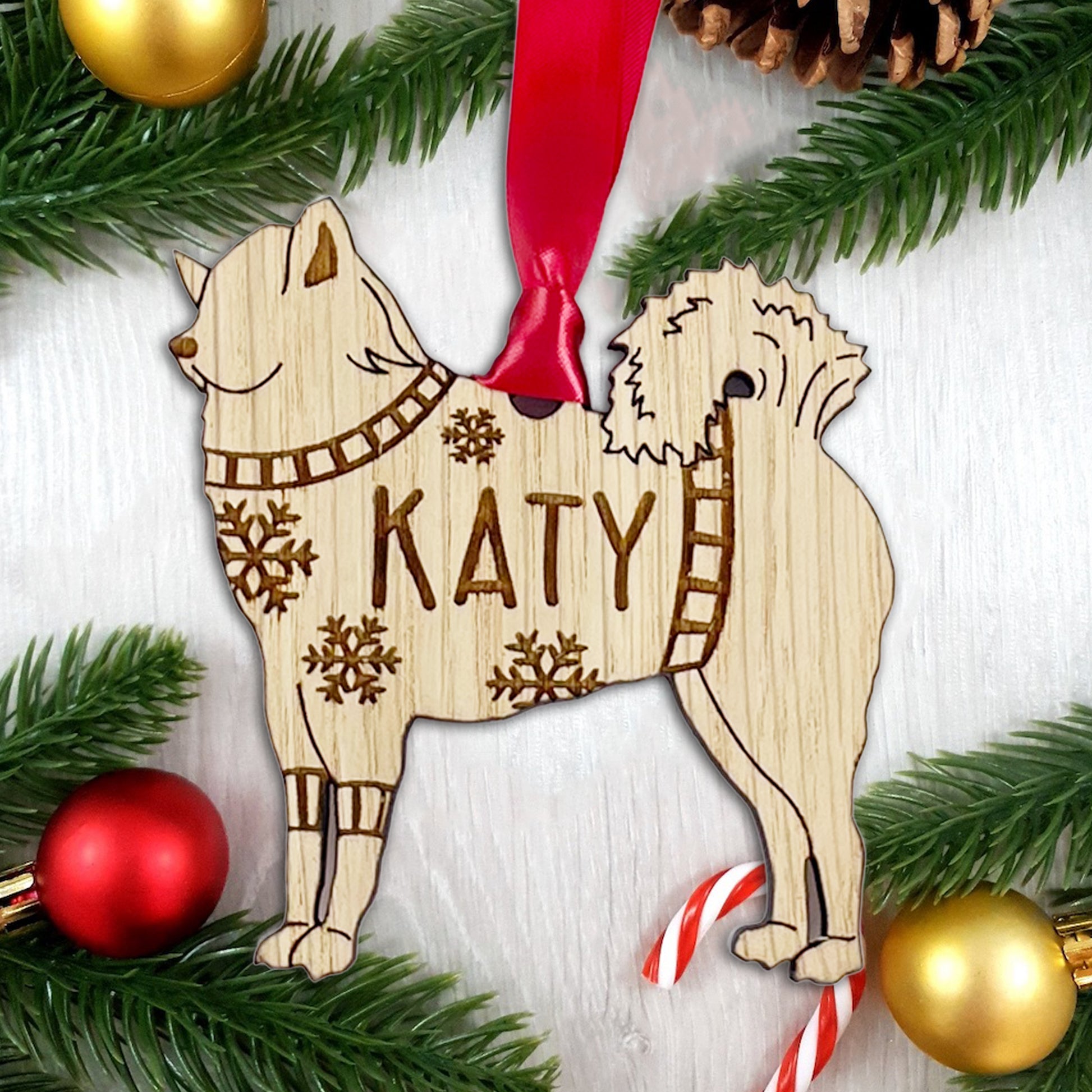 Personalised Eurasier Bauble Jumper Dog Bauble - Oak Veneer Wood - Add any name