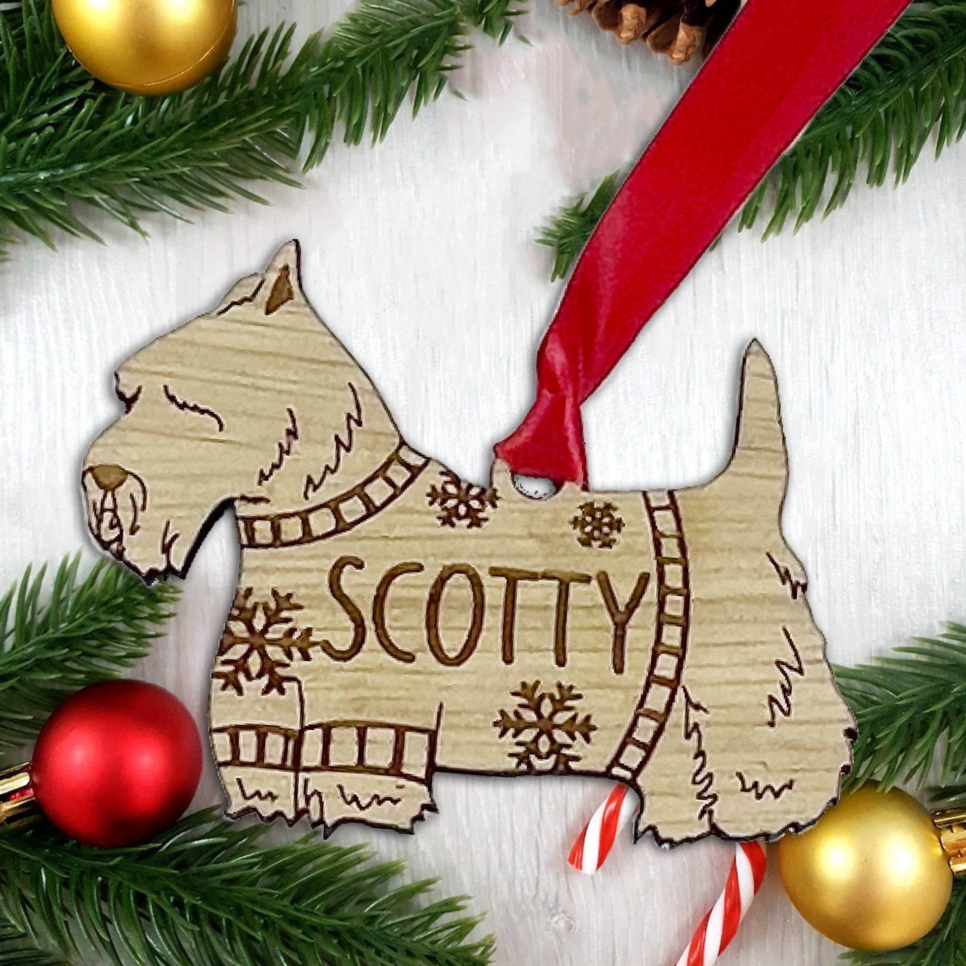 Personalised Scottie Bauble Jumper Dog Bauble - Oak Veneer Wood - Add any name
