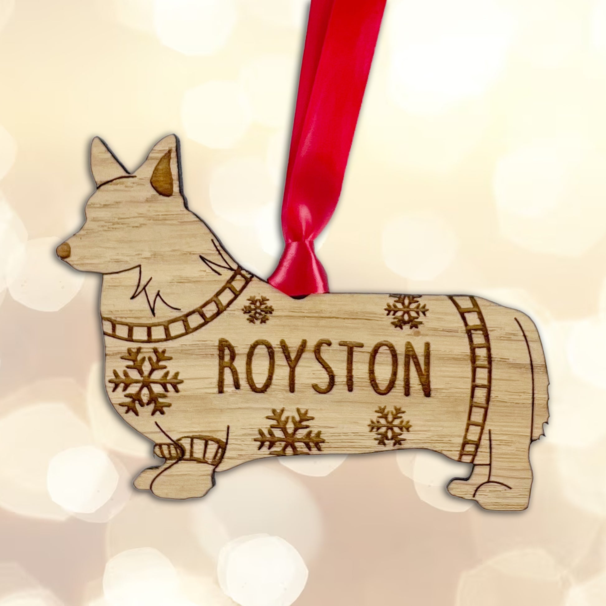 Personalised Corgi Bauble Jumper Dog Bauble - Oak Veneer Wood - Add any name