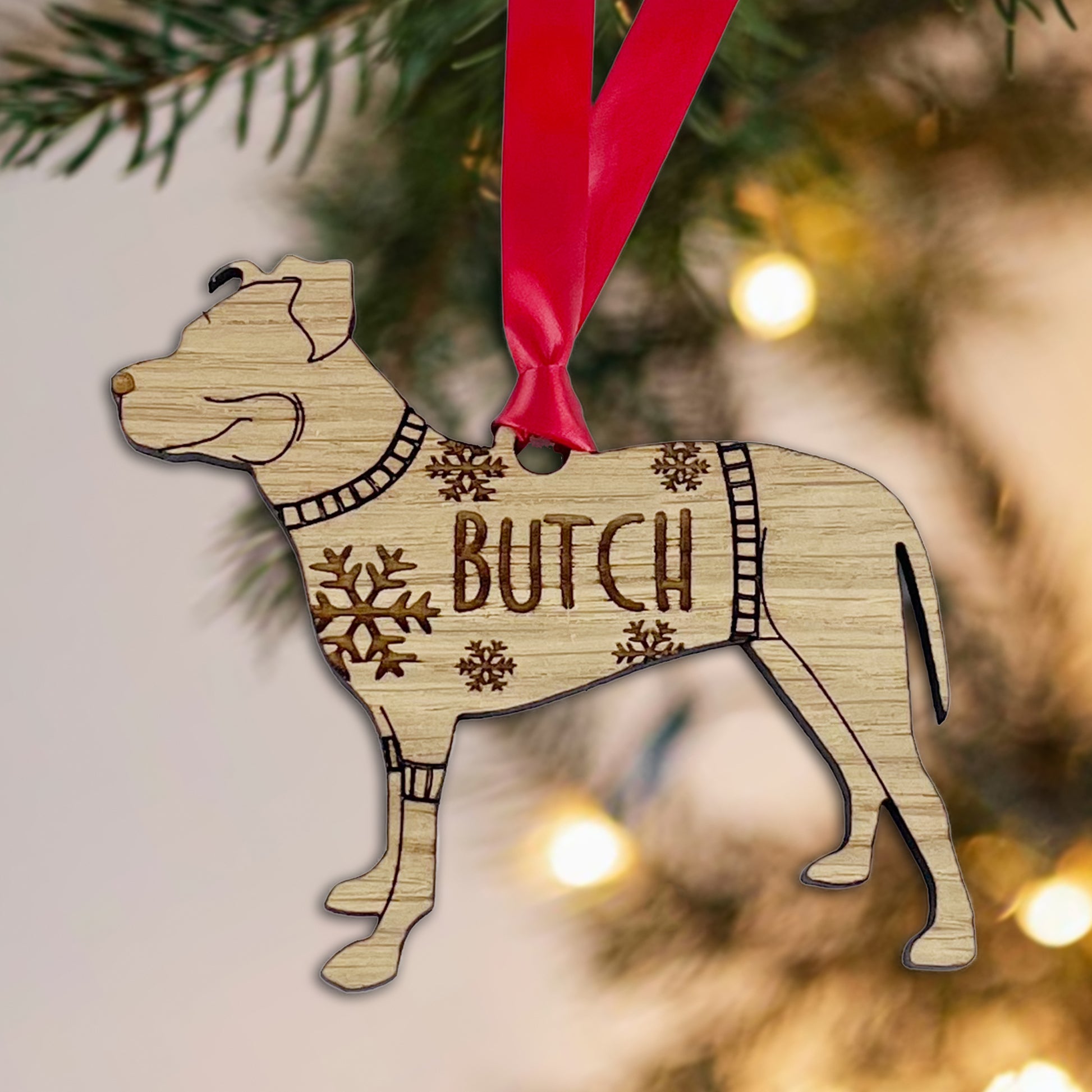 Personalised Pitbull Bauble Jumper Dog Bauble - Oak Veneer Wood - Add any name