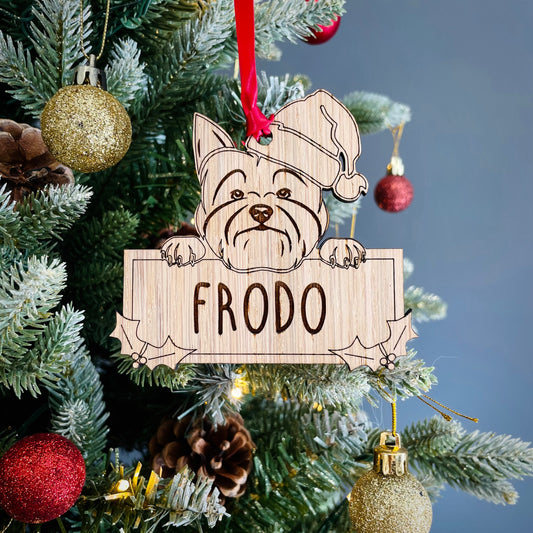 Personalised Yorkshire Terrier Dog Bauble - Peeking Dog - Oak Veneer Wood - Add your own name!