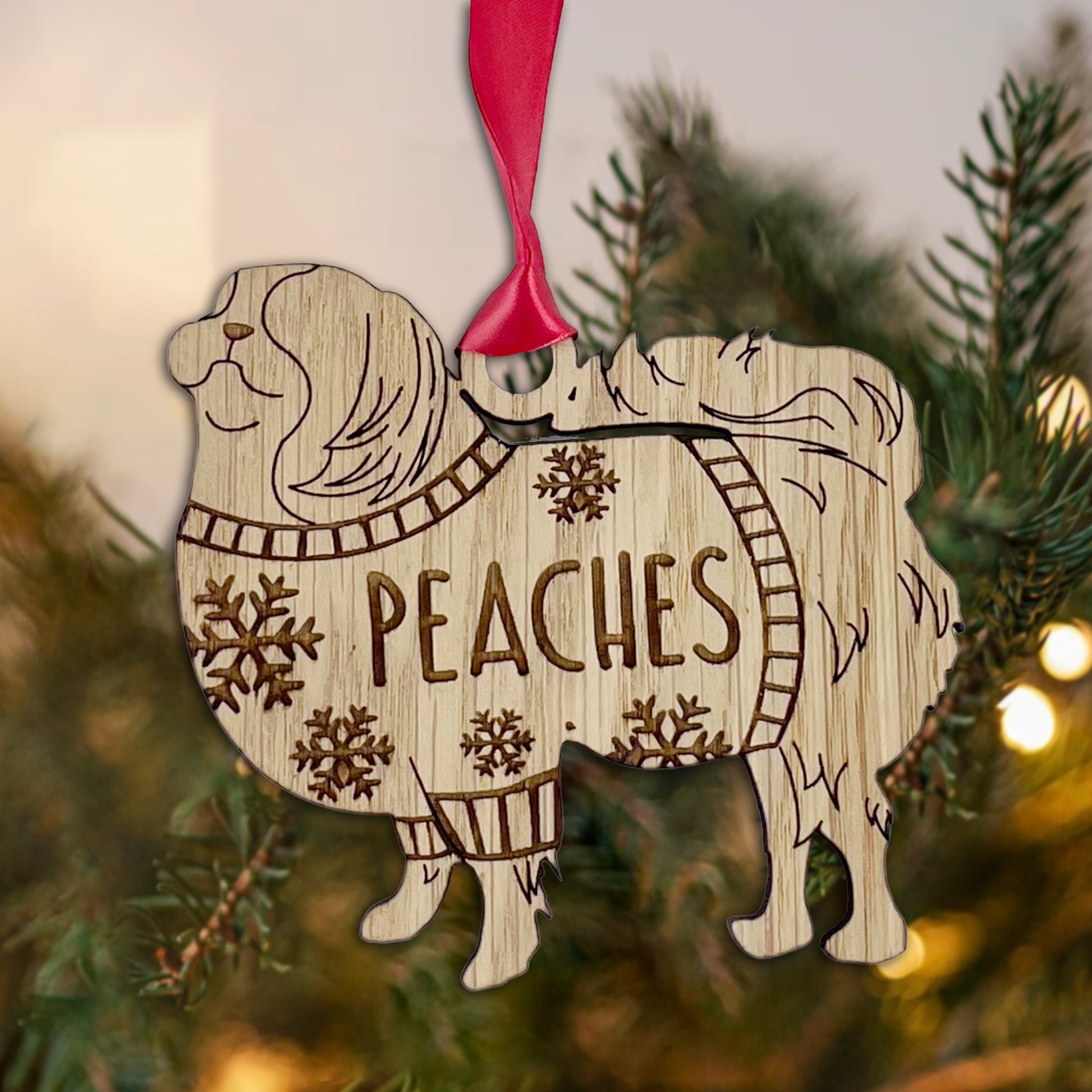 Personalised Japanese Chin Bauble Jumper Dog Bauble - Oak Veneer Wood - Add any name