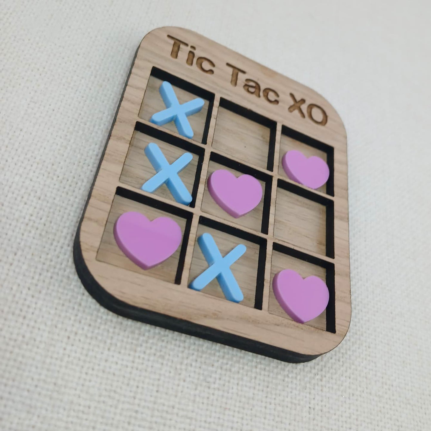 Tic Tac Toe Style Mini Board Game - Love Hearts and X's Valentine's Day Blue and Pink - Oak Wood and Acrylic - Anniversary - Birthday