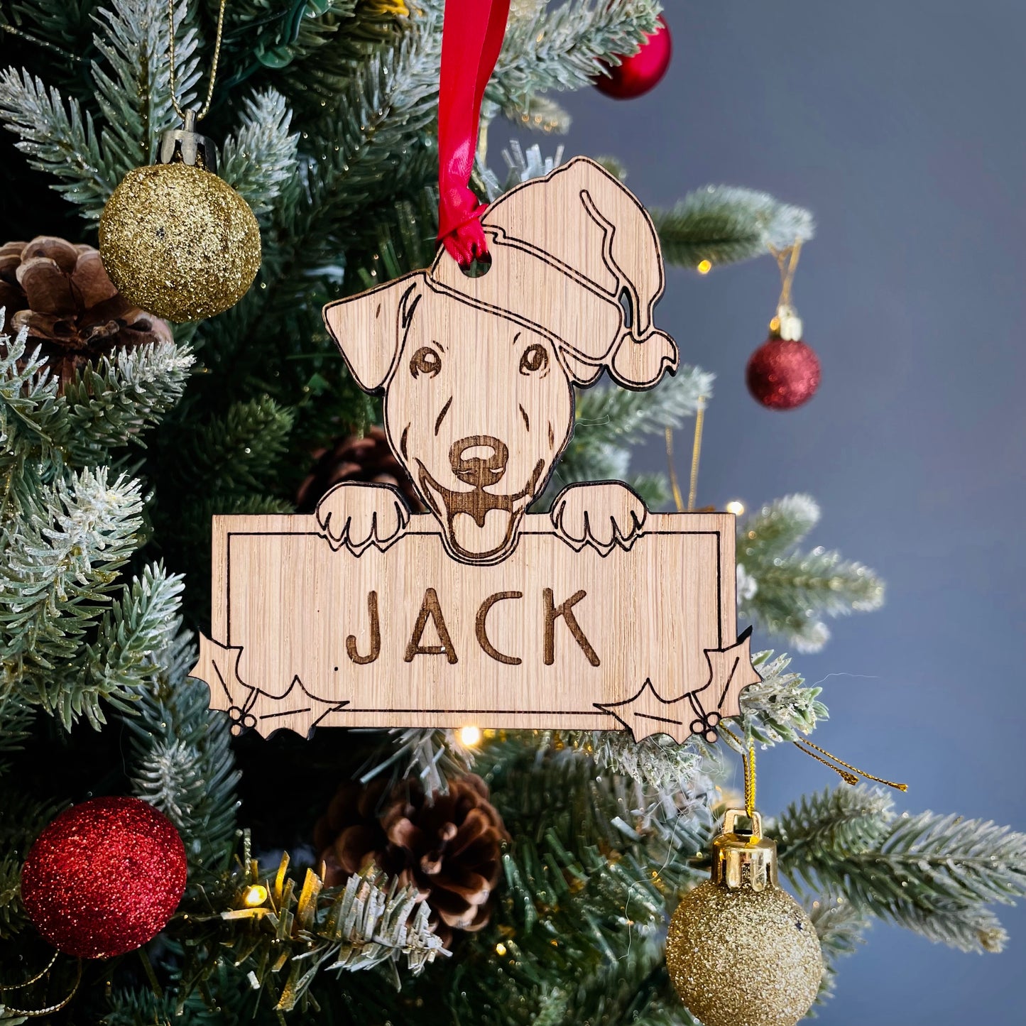 Personalised Jack Russell Dog Bauble - Peeking Dog - Oak Veneer Wood - Add your own name!