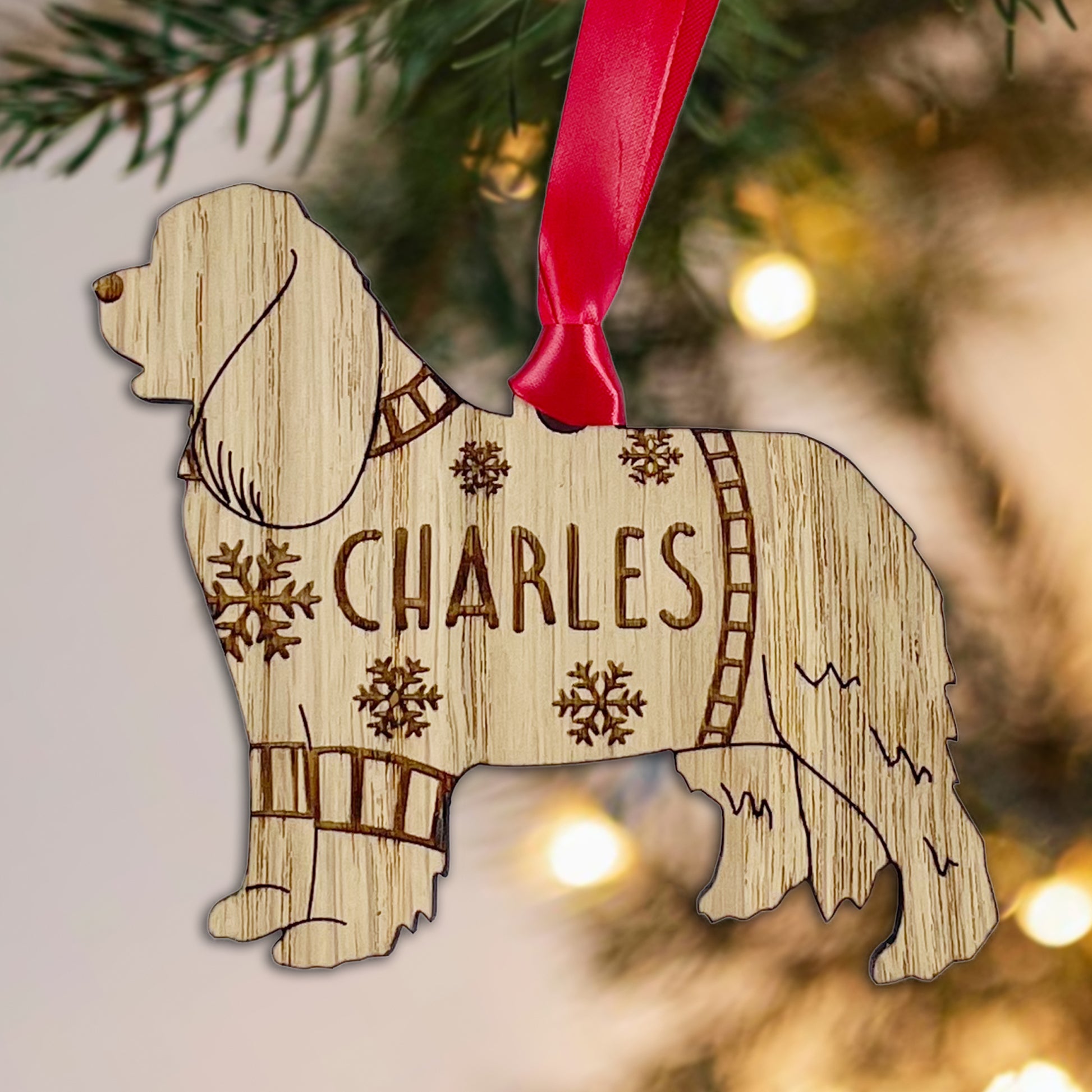 Personalised Cavalier Bauble Jumper Dog Bauble - Oak Veneer Wood - Add any name