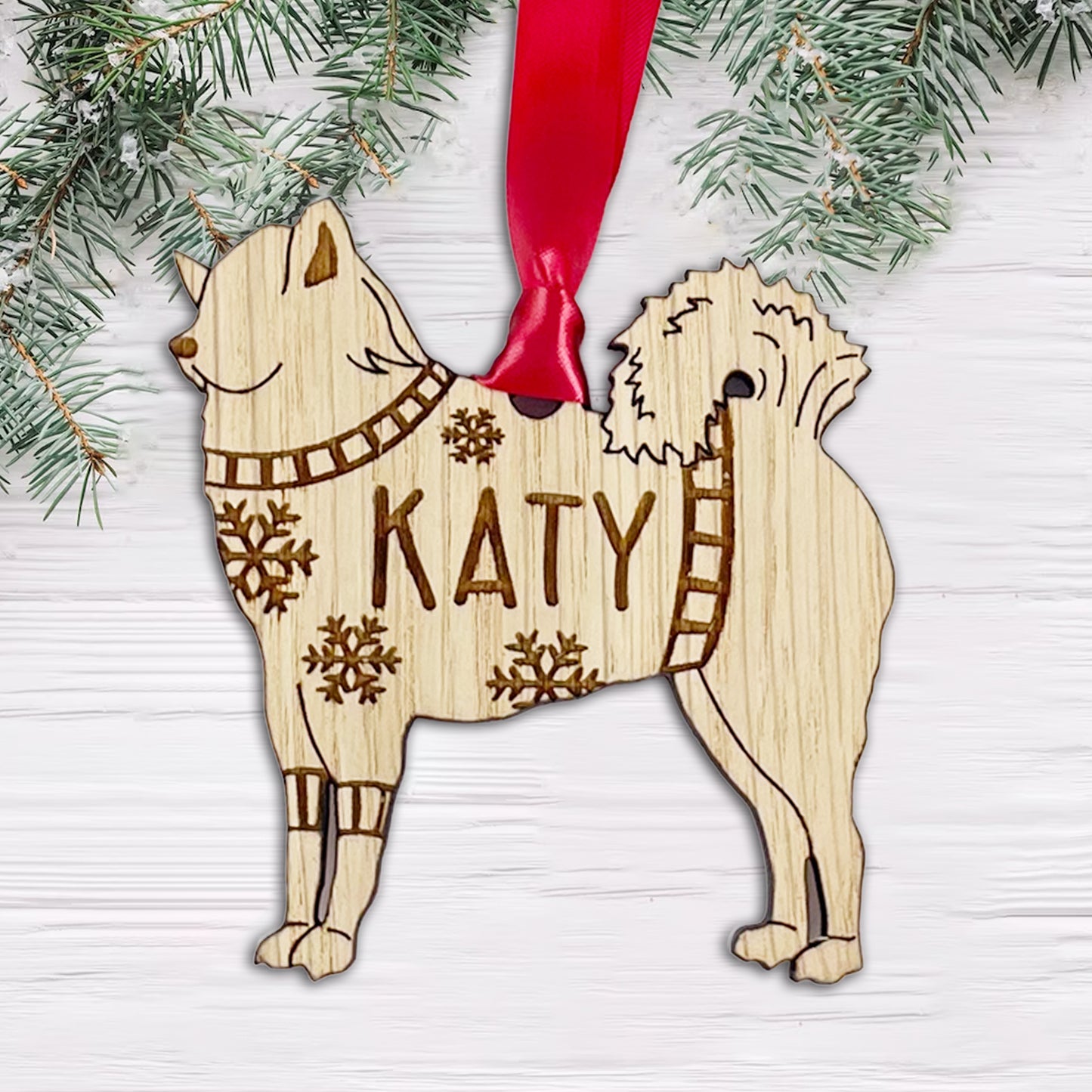 Personalised Eurasier Bauble Jumper Dog Bauble - Oak Veneer Wood - Add any name