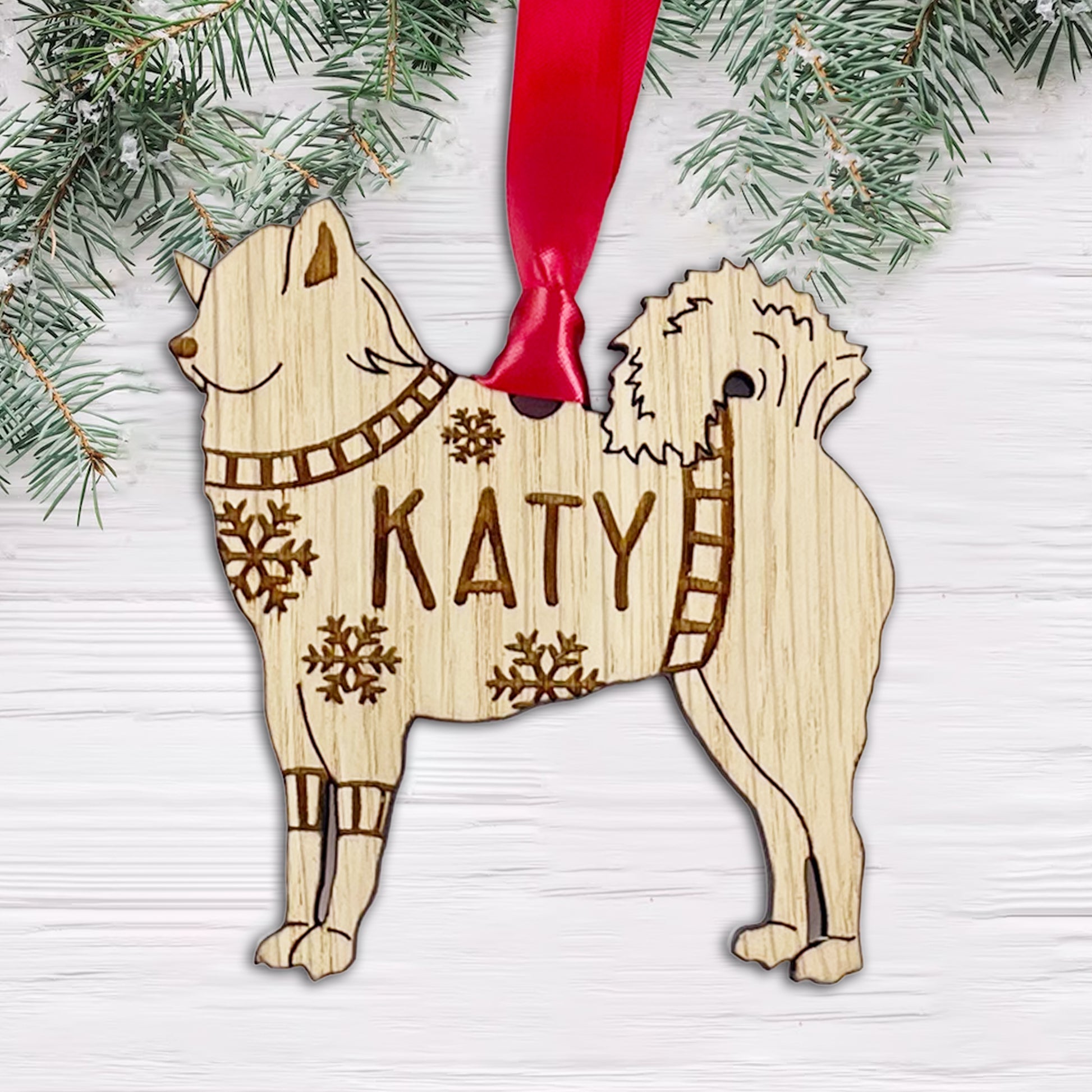 Personalised Eurasier Bauble Jumper Dog Bauble - Oak Veneer Wood - Add any name