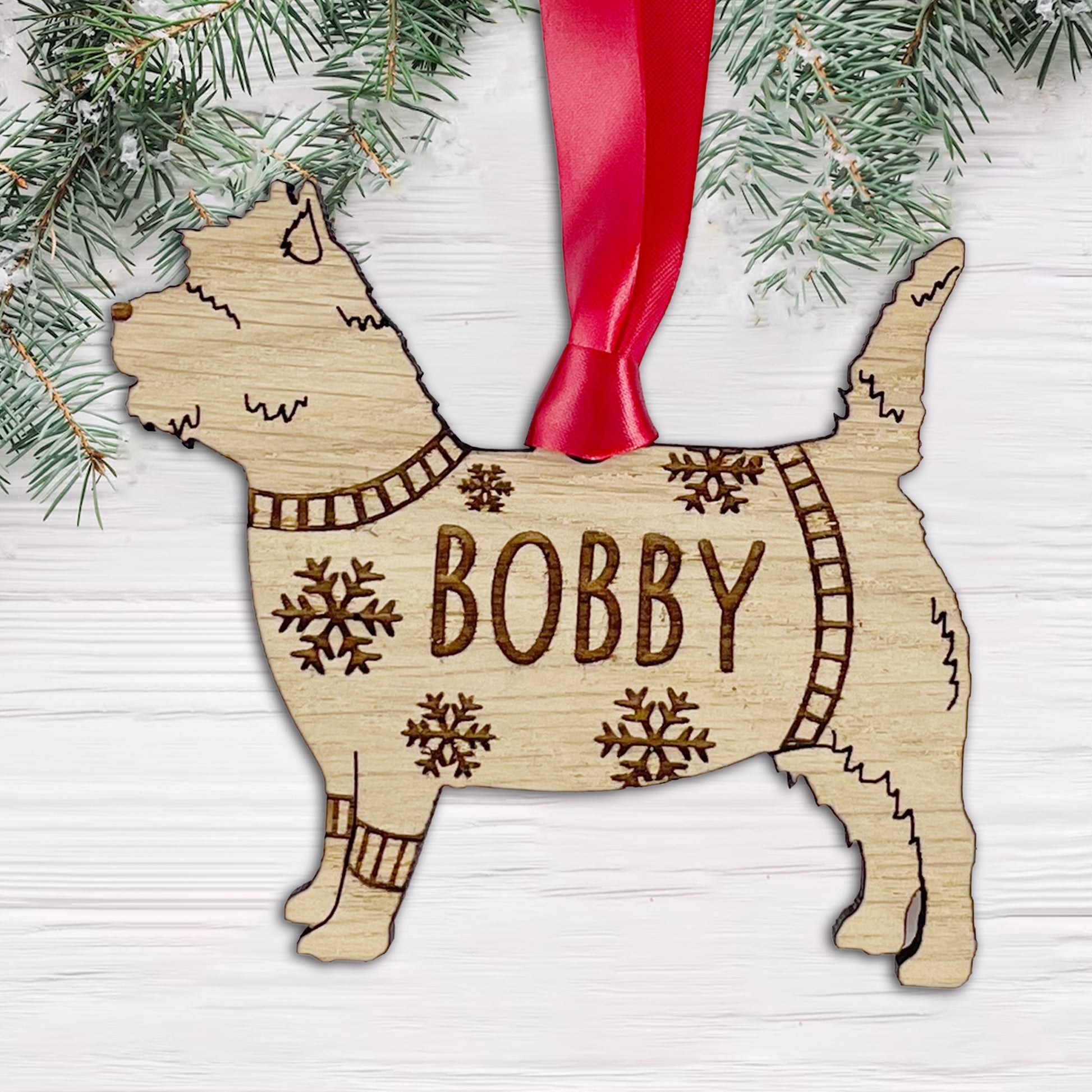 Personalised Cairn Terrier Bauble Jumper Dog Bauble - Oak Veneer Wood - Add any name