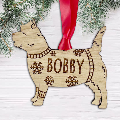 Personalised Cairn Terrier Bauble Jumper Dog Bauble - Oak Veneer Wood - Add any name