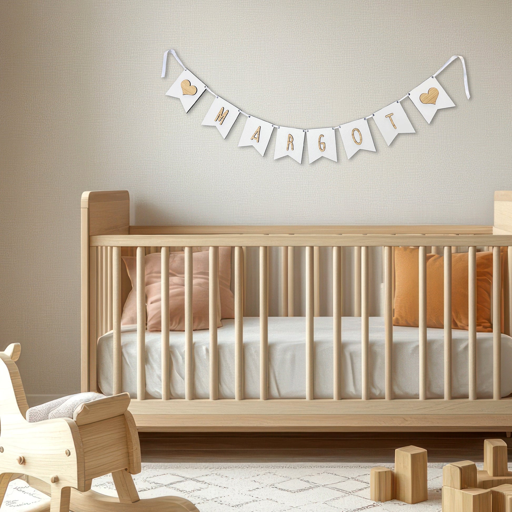 Personalised White Wood Name Bunting with Hearts - Nursery or Child's Room Decor - Add any Name!