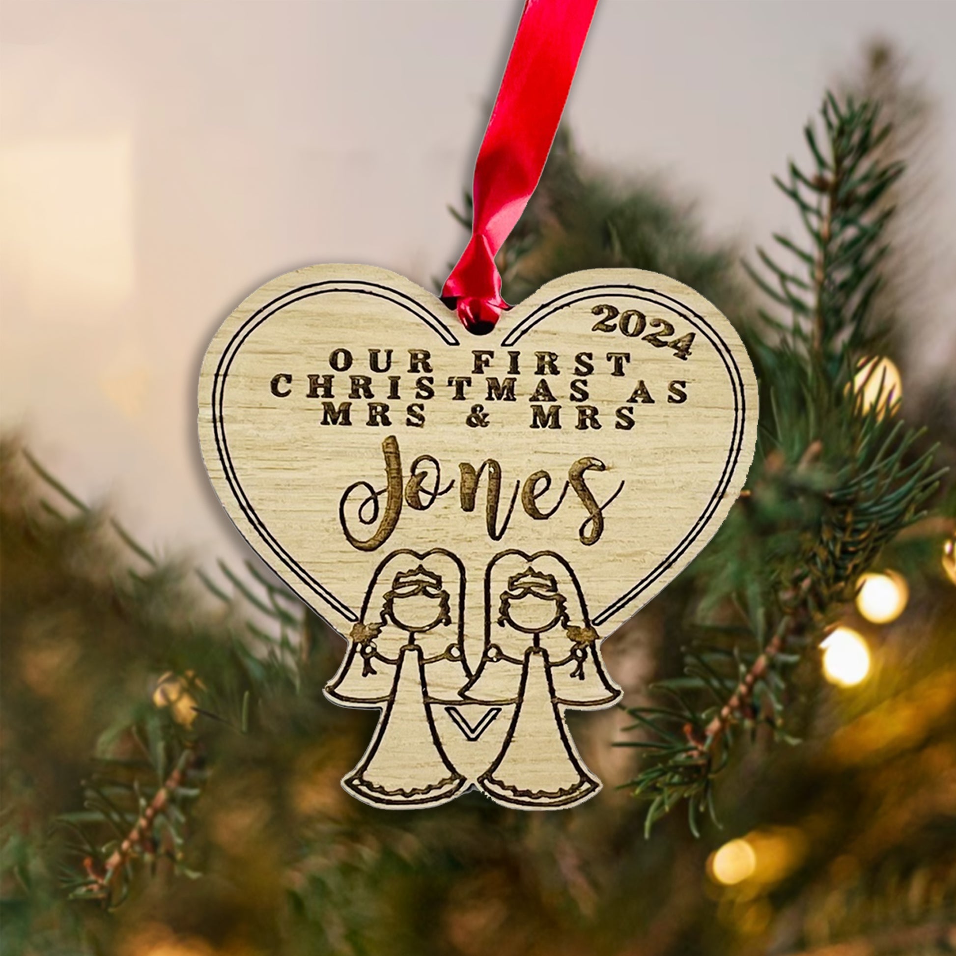 Personalised Wooden Stick Couple "Mrs & Mrs" Wedding Bauble