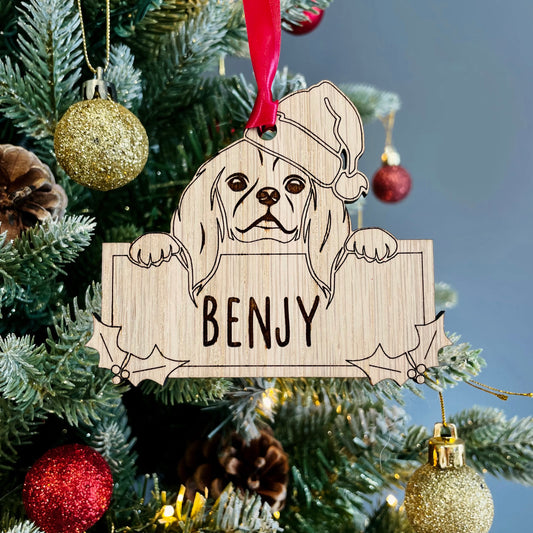 Personalised Cavalier King Charles Spaniel Dog Bauble - Peeking Dog - Oak Veneer Wood - Add your own name!
