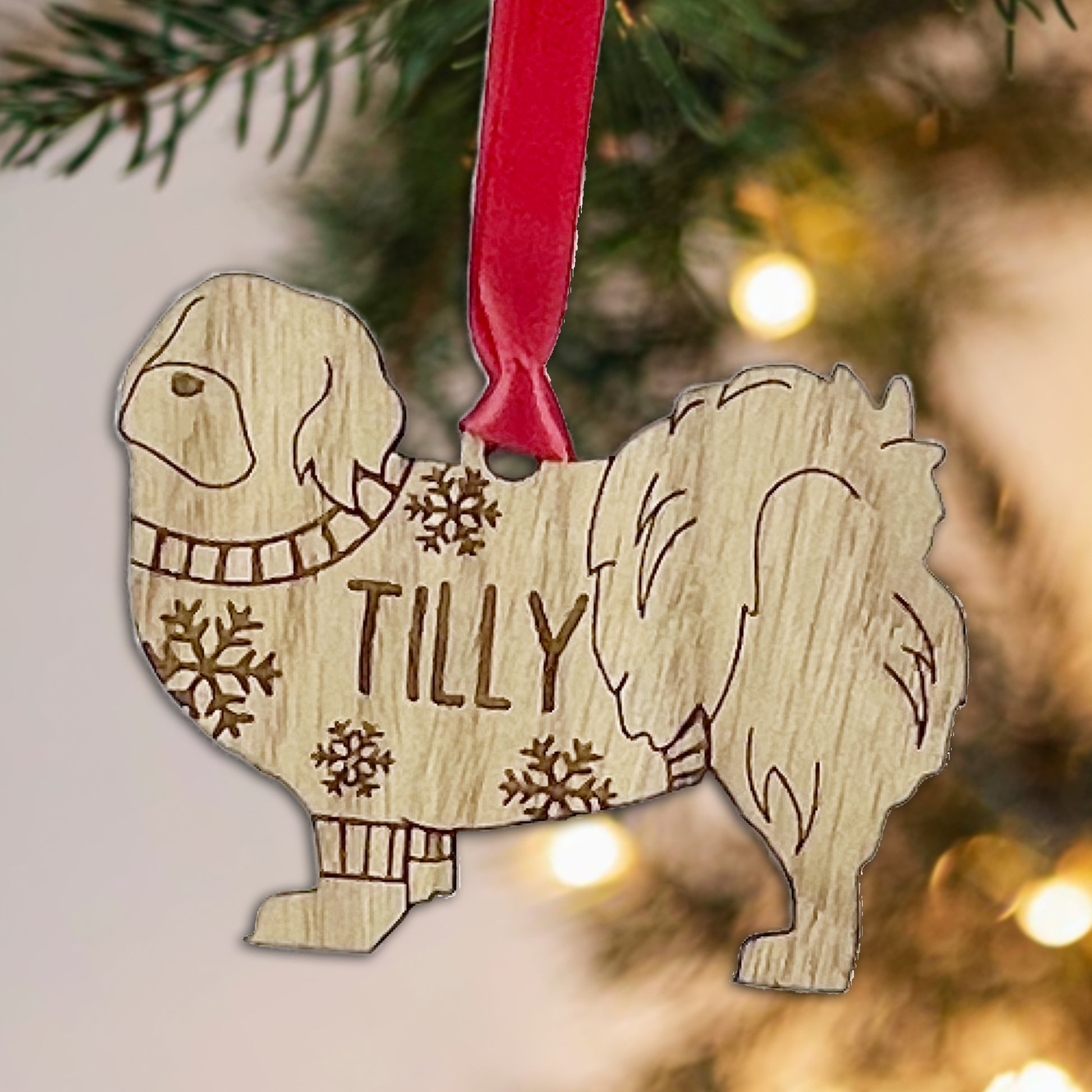 Personalised Tibetan Spaniel Bauble Jumper Dog Bauble - Oak Veneer Wood - Add any name
