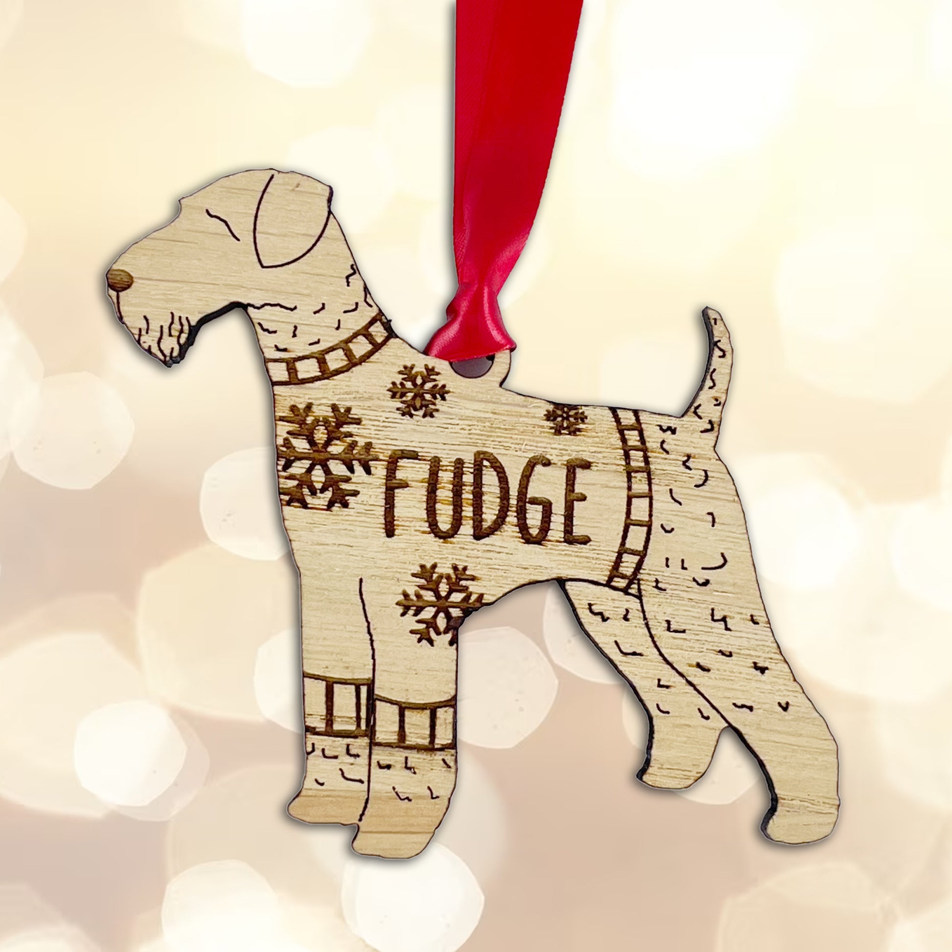 Personalised Airedale Terrier Bauble Jumper Dog Bauble - Oak Veneer Wood - Add any name