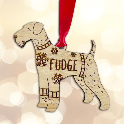 Personalised Airedale Terrier Bauble Jumper Dog Bauble - Oak Veneer Wood - Add any name