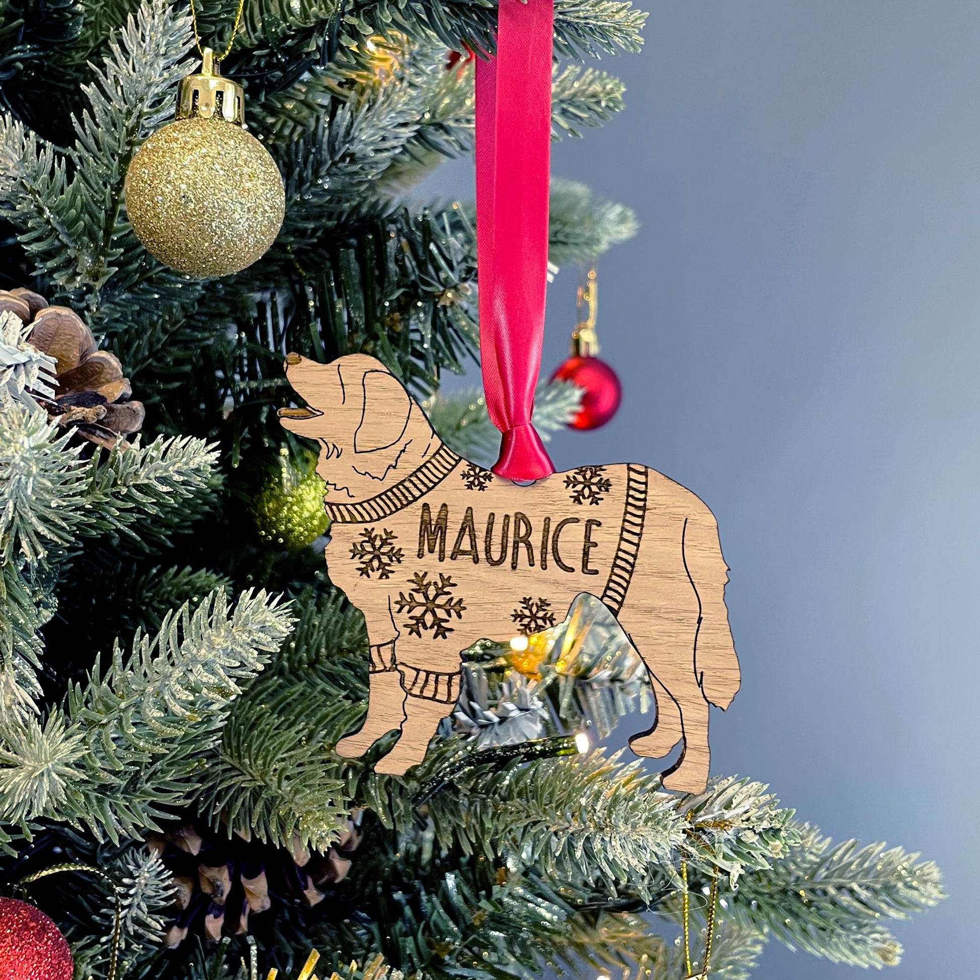 Personalised Leonberger Bauble Jumper Dog Bauble - Oak Veneer Wood - Add any name