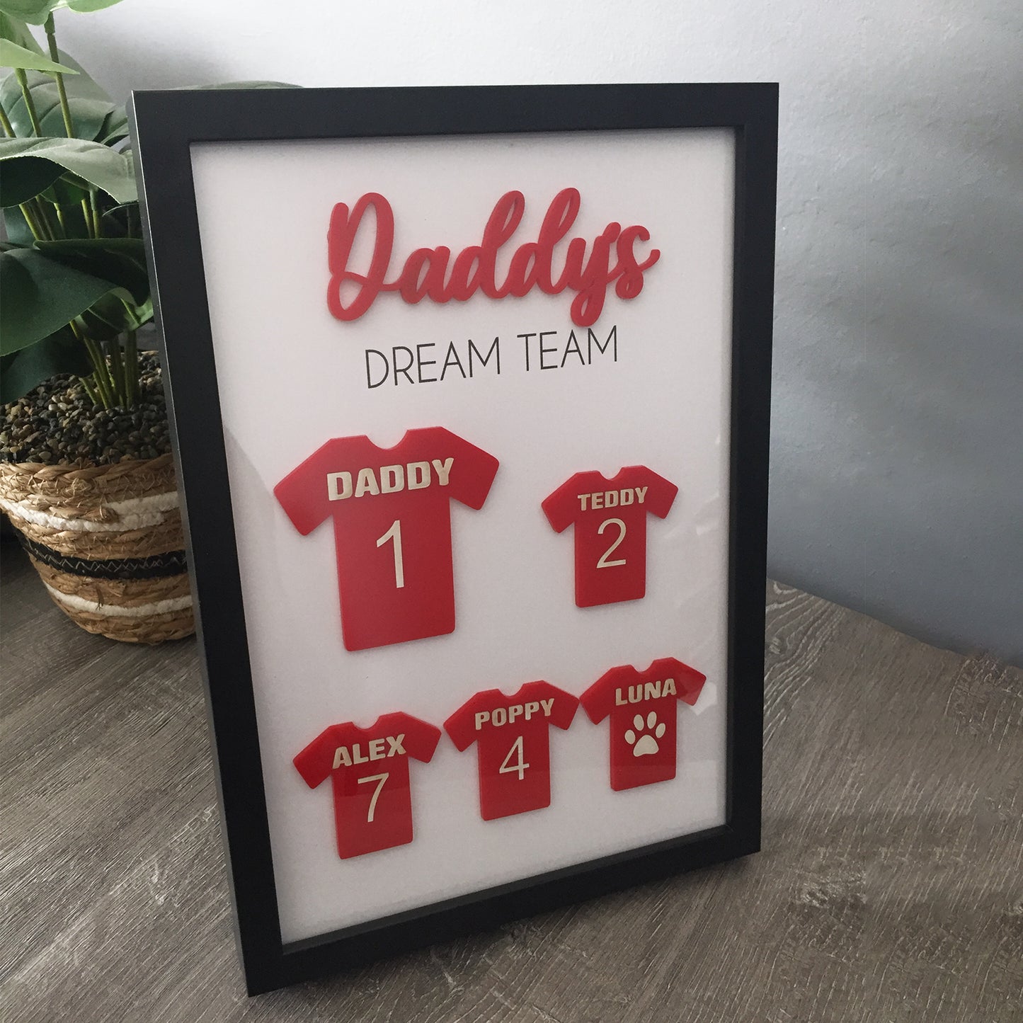 Personalised Dad's Dream Team Football Red Team Family Box Frame Fathers Day Birthday Daddy  - Add your family names