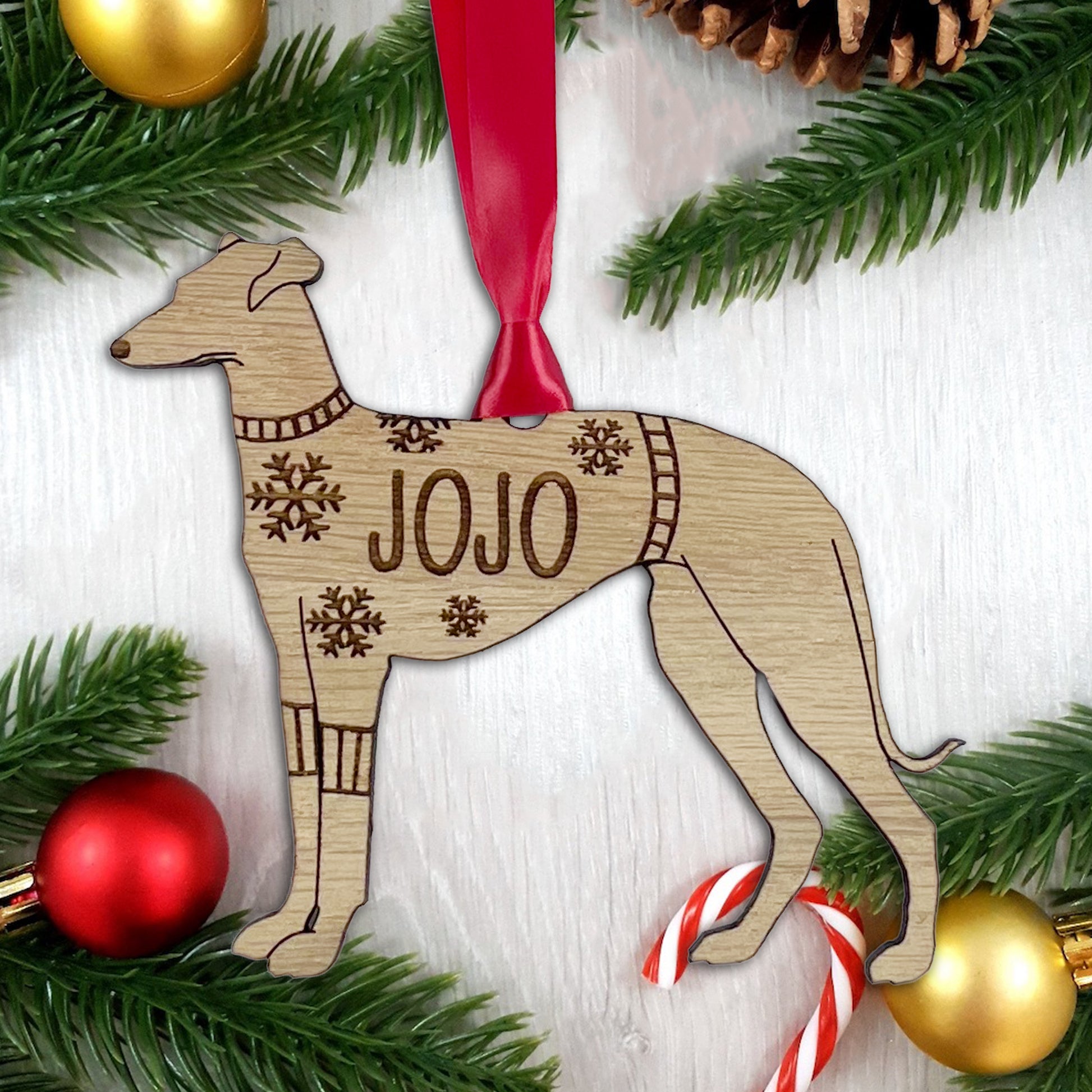 Personalised Greyhound Bauble Jumper Dog Bauble - Oak Veneer Wood - Add any name