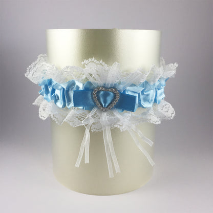 White & Blue Diamanté Heart Bridal Garter - Wedding Garter Gift for the Bride to Be Something Blue Wedding Day Hen Party Engagement