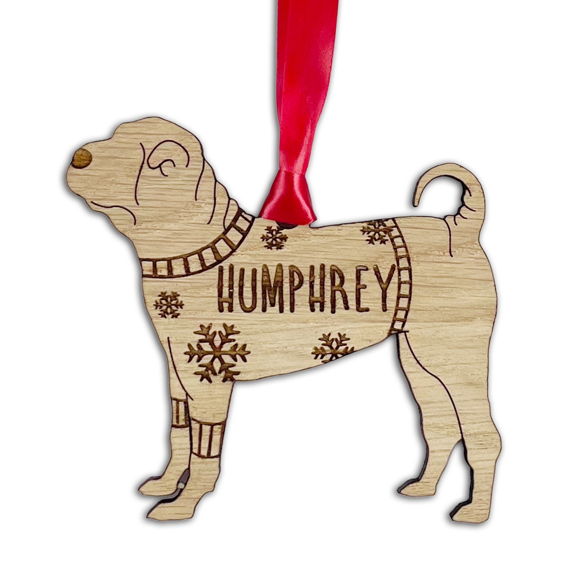 Personalised Chinese Shar-Pei Bauble Jumper Dog Bauble - Oak Veneer Wood - Add any name