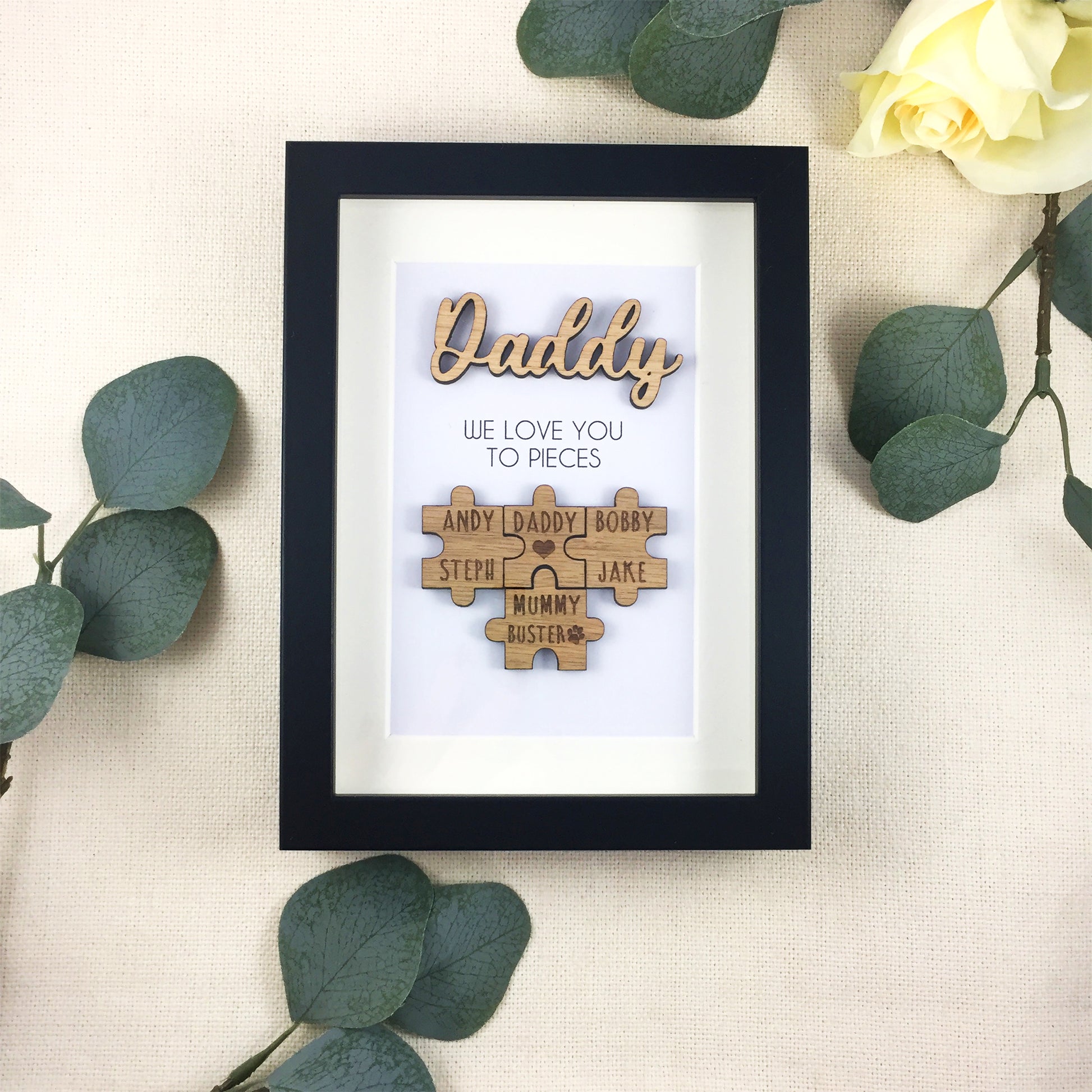 Personalised Dad / Daddy 'We Love You To Pieces' Wooden Fathers Day Christmas Birthday Puzzle Pieces Family Box Frame Add your family names