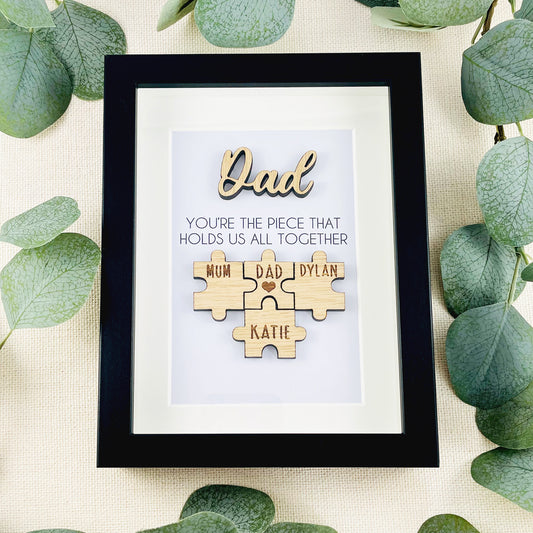 Personalised Dad Wooden 'You're the Piece That Holds Us Together' Father's Day Puzzle Pieces Family Box Frame - Add your family names