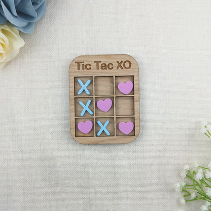Tic Tac Toe Style Mini Board Game - Love Hearts and X's Valentine's Day Blue and Pink - Oak Wood and Acrylic - Anniversary - Birthday
