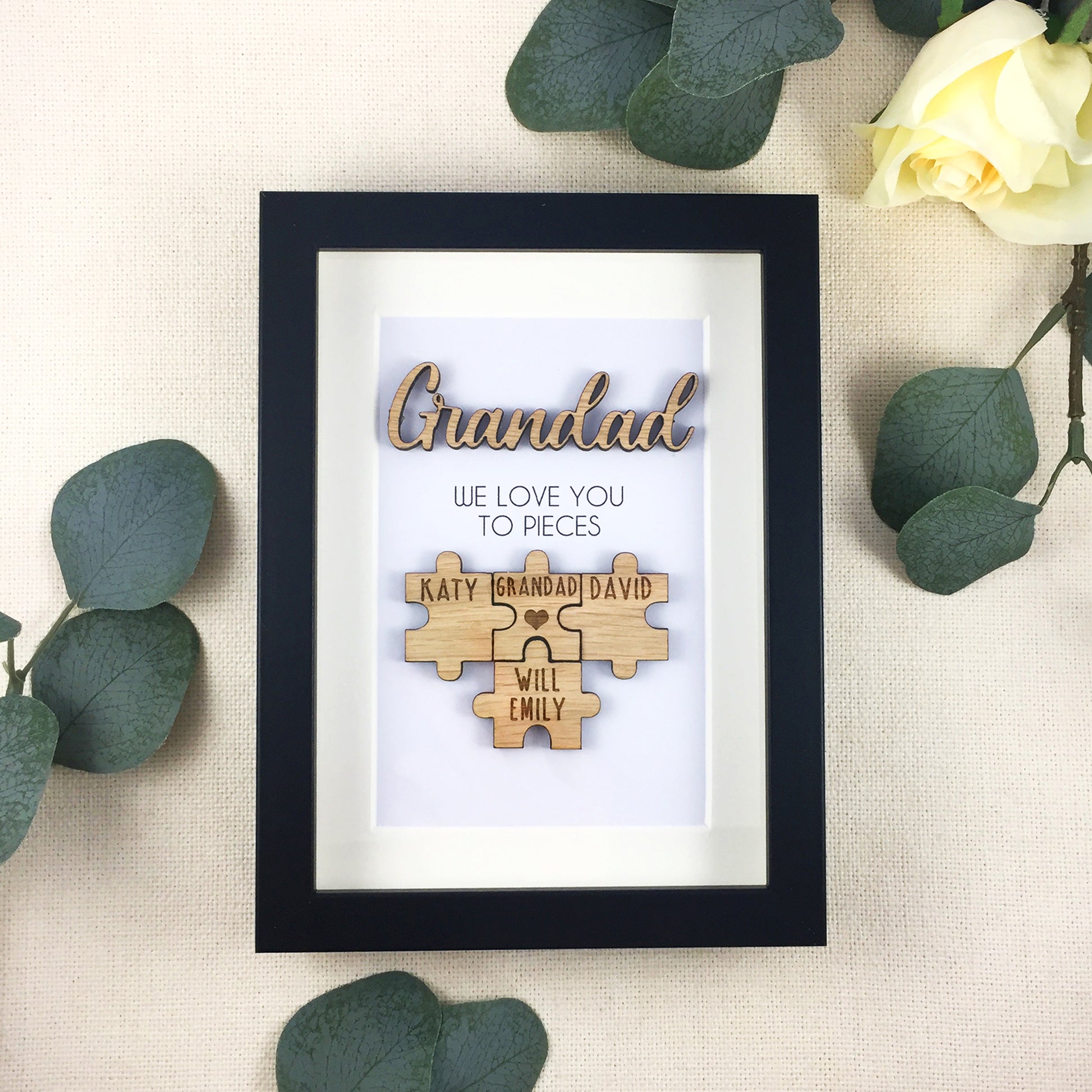 Personalised Grandad 'We Love You To Pieces' Wooden Fathers Day Christmas Birthday Puzzle Pieces Family Box Frame Add your family names
