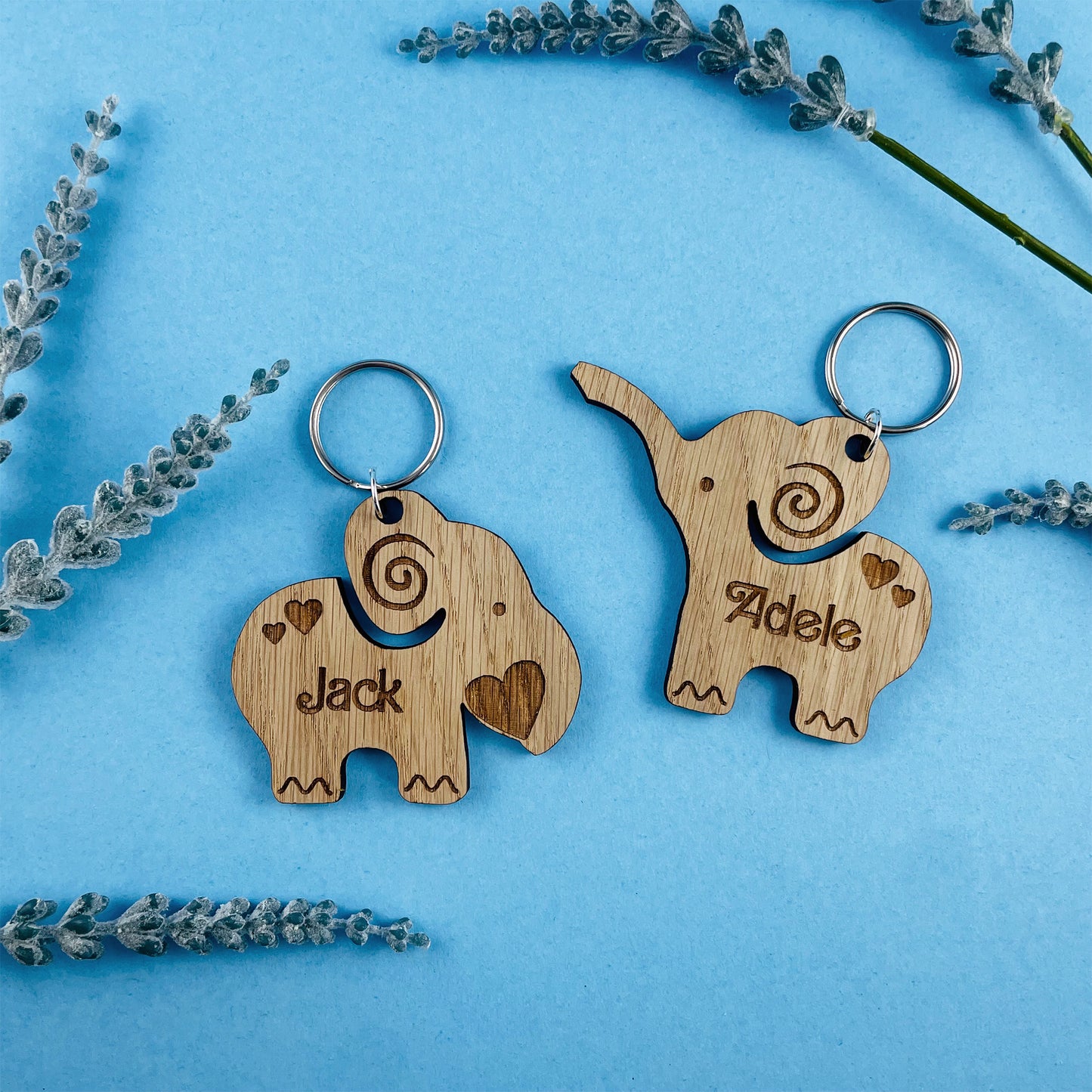 Personalised Elephant Keyrings - Add Names - Set of 2 - Valentines, Birthday, Anniversary 