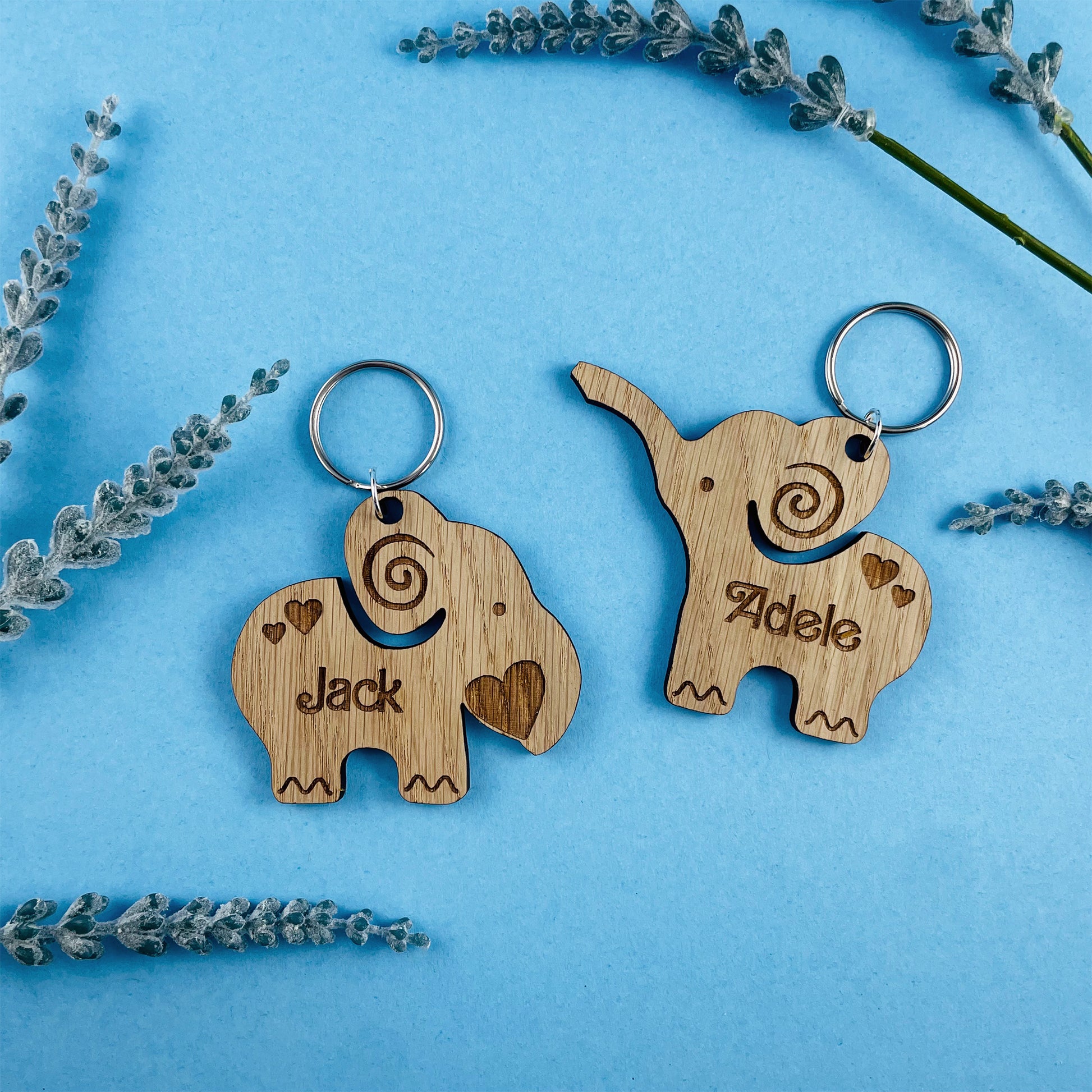 Personalised Elephant Keyrings - Add Names - Set of 2 - Valentines, Birthday, Anniversary 