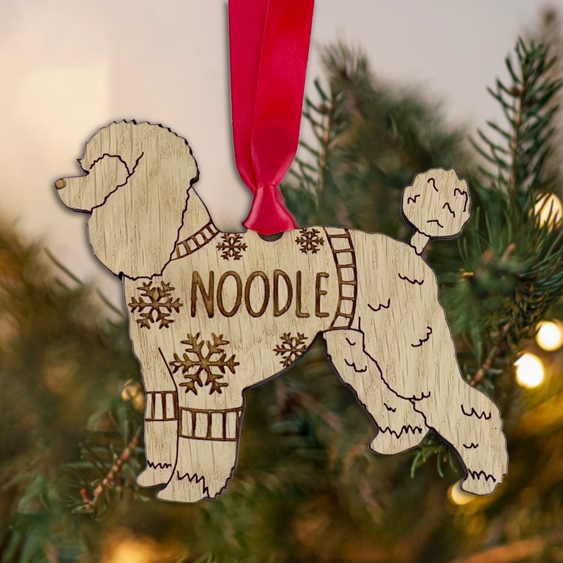 Personalised Poodle Bauble Jumper Dog Bauble - Oak Veneer Wood - Add any name